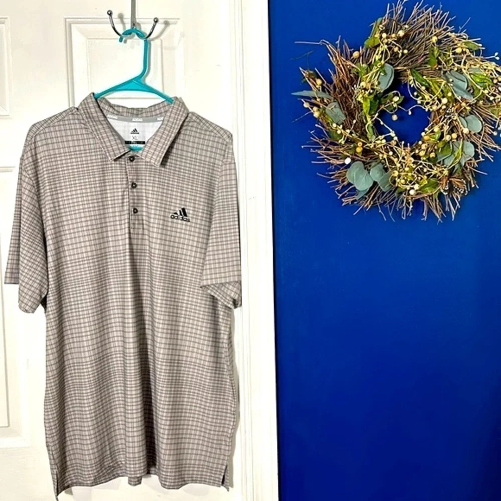 NWOT Men’s Adidas Gray Plaid Polyester & Spandex Short Sleeve Golf Polo Size XL